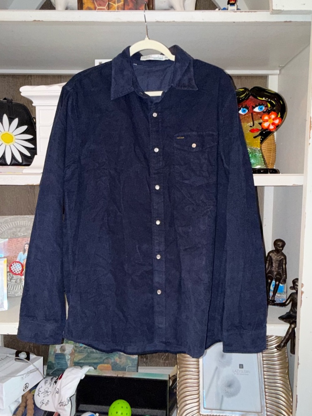 Criquet men's navy blue corduroy pearl snap pocket front shirt Large L - Picture 2 of 4